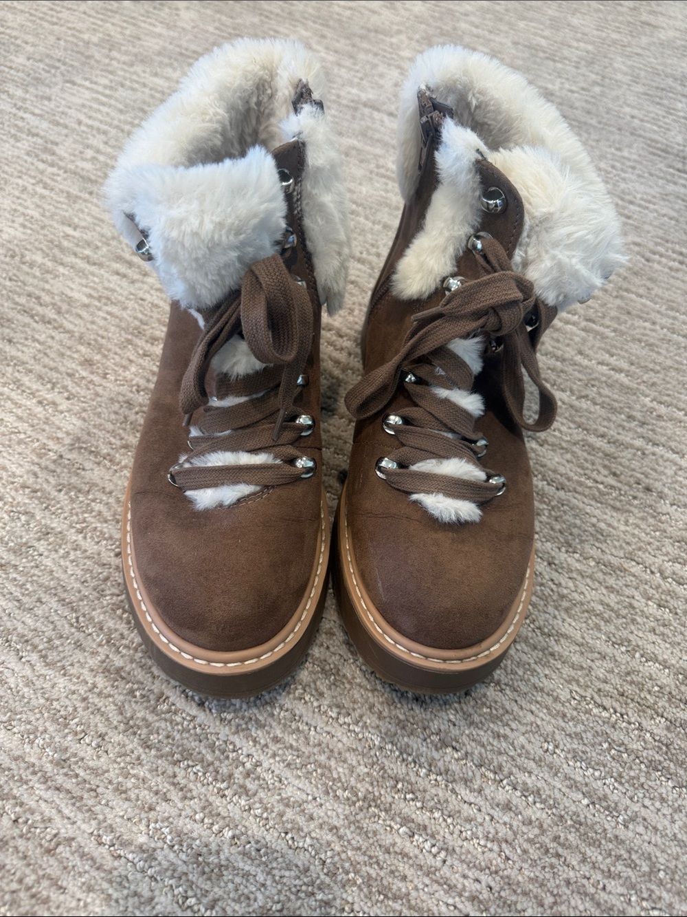 Women’s Brown Faux-Suede Lace-Up Winter Boots with Cream Shearling Trim